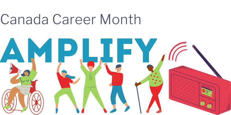 Canada Career Month "Amplify" Banner. There are diverse people dancing in a line, and cheering as a large radio plays on the right.